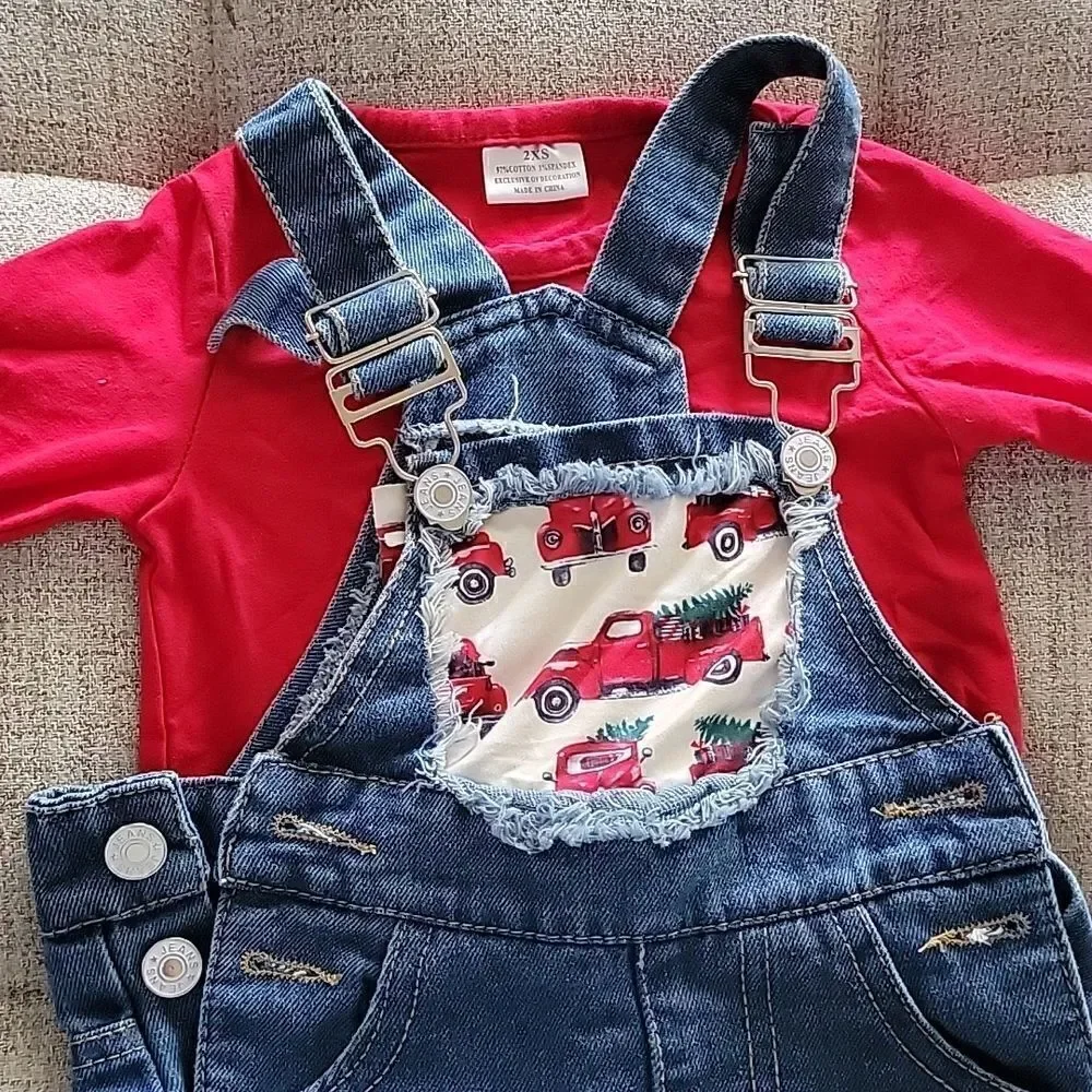 Red Vintage Truck Denim Overall Set